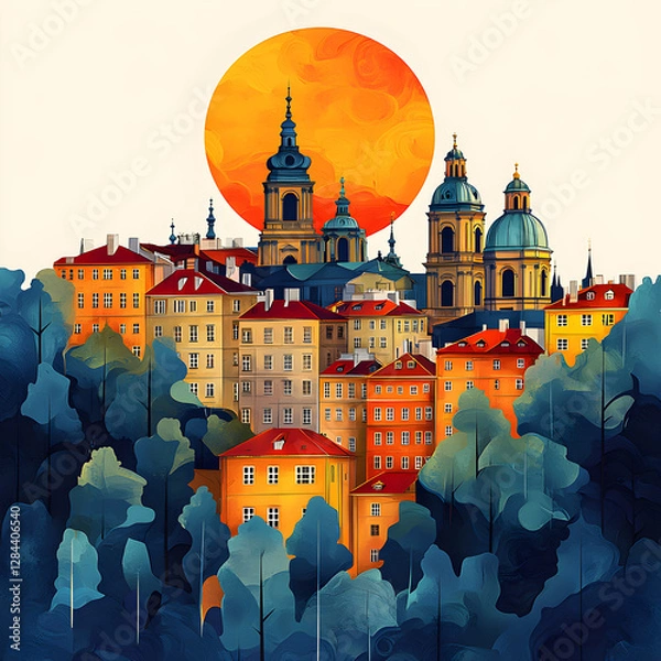 Fototapeta Prague skyline emerging from lush forest under a vibrant sunset: pop art style