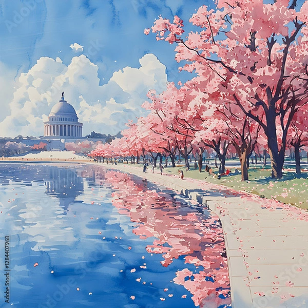Fototapeta Cherry blossoms reflecting in the water near the us capitol building, washington dc