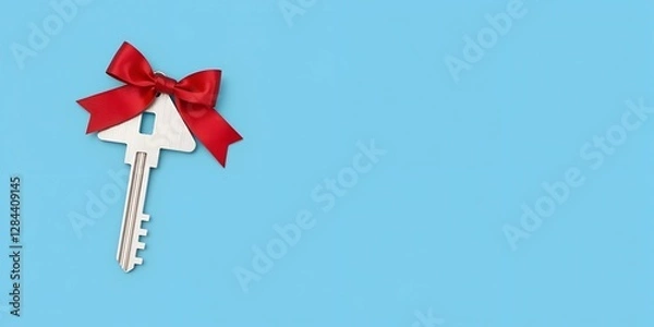 Obraz Key with Red Bow on Blue Background

