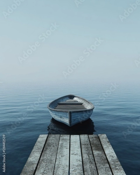 Fototapeta Small wooden rowboat on calm water, moored to a simple wooden dock on a misty morning.