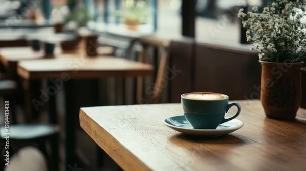 Fototapeta Moderate drinking with a cup of coffee at a rustic café. Featuring mindfulness and relaxation