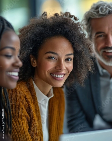 Fototapeta Diverse group with a woman smiling at camera during meeting.