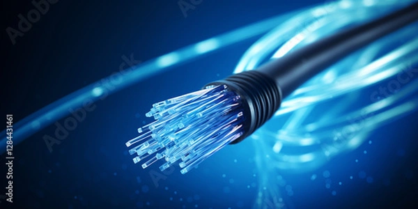 Obraz network cable on blue background Fiber Optic Cable Closeup