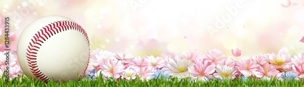 Fototapeta Baseball on spring flowers, peaceful scene, background use