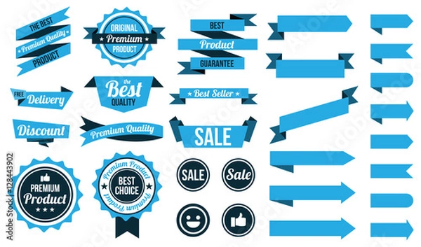 Obraz set of blue ribbons , badges and labels. flat design concept. branding and sale decoration. vector illustration. isolated on white background.