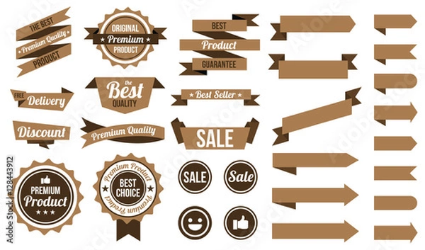 Obraz set of brown ribbons , badges and labels. flat design concept. branding and sale decoration. vector illustration. isolated on white background.