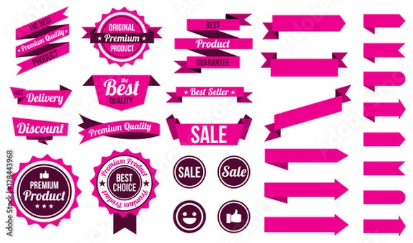 Obraz set of pink ribbons , badges and labels. flat design concept. branding and sale decoration. vector illustration. isolated on white background.