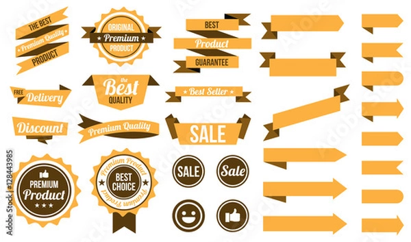 Obraz set of yellow ribbons , badges and labels. flat design concept. branding and sale decoration. vector illustration. isolated on white background.
