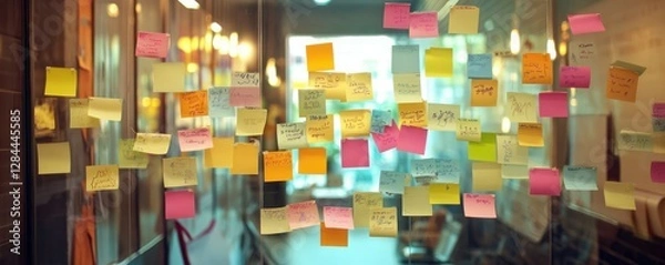 Fototapeta Colorful sticky notes on glass wall in office with reflections and blurred background