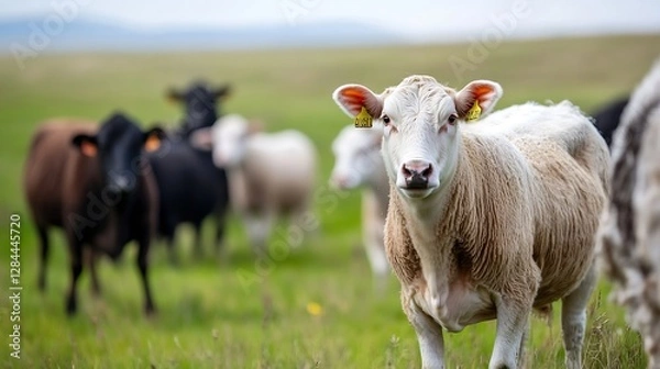 Fototapeta Peaceful countryside view of a curious white cow amid a herd grazing in lush green pastures : Generative AI