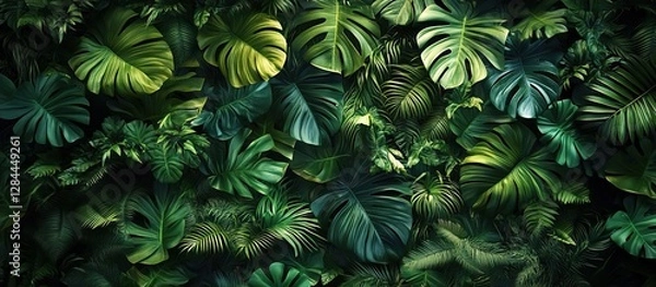 Fototapeta  A wall of lush, green tropical leaves and plants, photorealistic, with a dark background, in a top-down view.