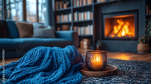Fototapeta 
A cozy living room with a burning fireplace, soft blankets and pillows on a comfortable sofa, warm lighting, bookshelf in the background