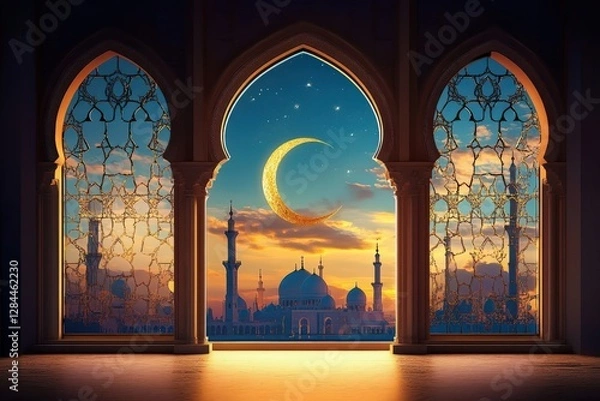Fototapeta mystical islamic architecture dreamy arabian nights with ornate arched windows and golden mosque domes