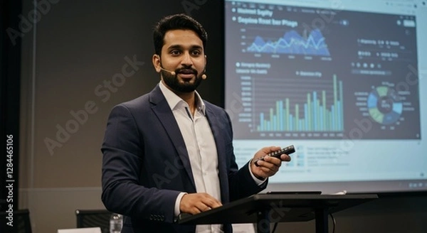 Fototapeta Confident Indian Male Executive Leading Presentation with Interactive Data Visuals