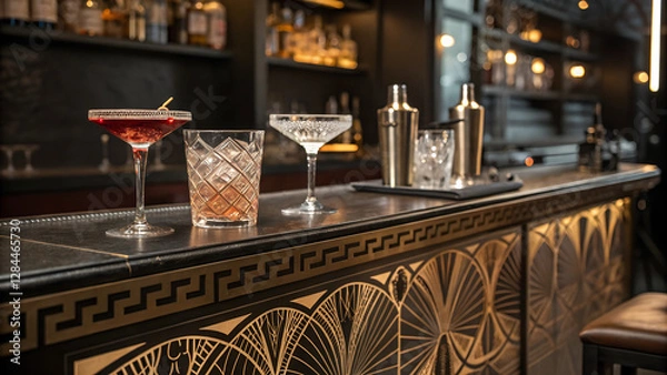 Fototapeta Close-up of a 1920s speakeasy bar counter with classic cocktails. crystal glasses. and Art Deco patterns. moody lighting