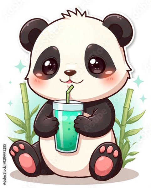 Obraz Sticker de un oso panda bebiendo jugo.