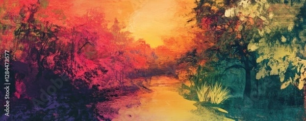 Fototapeta Vibrant abstract autumn landscape with river at sunset in warm tones of red and orange