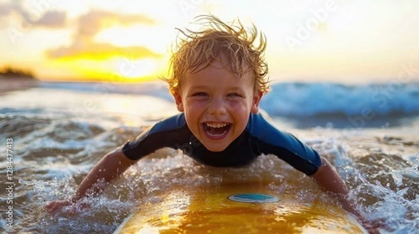 Fototapeta A delighted boy rides a yellow surfboard in the ocean waves during sunset. The sun sets behind him, creating a warm, golden atmosphere as he smiles broadly enjoying his time
