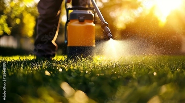 Fototapeta Emphasizing the importance of outdoor pesticide spraying for lawn health.