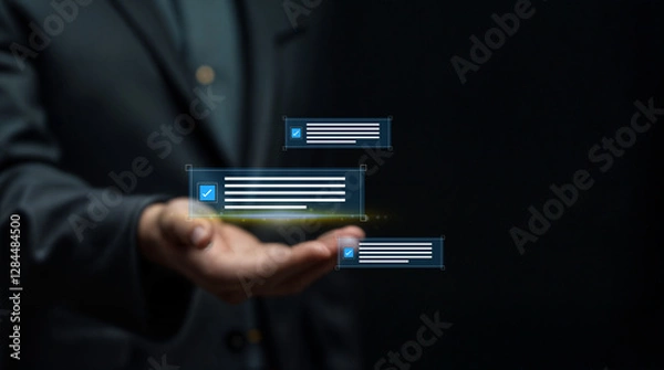 Fototapeta Digital Task Verification and Approval, Businessman or  Businesswoman with Virtual Checklist Interface, Symbolizing Efficient Workflow, Success, and Goal Management in a Professional Setting 