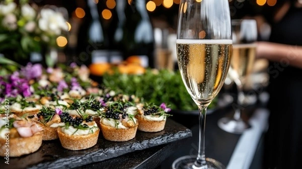 Fototapeta Sparkling wine, canap?s, party, outdoor event, celebration