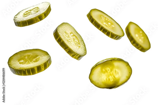 Fototapeta Isolated falling pickled cucumber slices captured on a clean white surface.