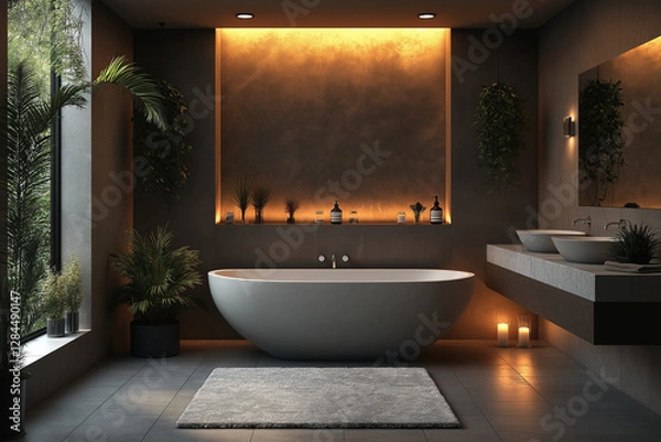 Fototapeta Photographie immobilière d’une salle de bain moderne luxueuse avec baignoire îlot et éclairage d’ambiance. HDR, 3D, design, tendance, architecte