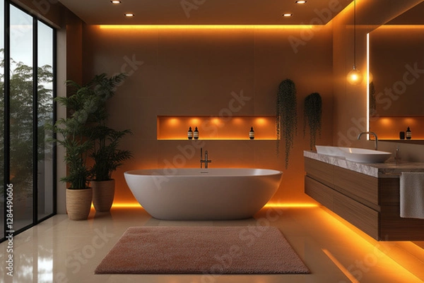 Fototapeta Photographie immobilière d’une salle de bain moderne luxueuse avec baignoire îlot et éclairage d’ambiance. HDR, 3D, design, tendance, architecte