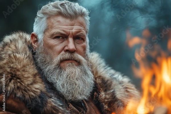 Fototapeta Man with a gray beard in a fur coat sits near a roaring fire in a forest during the evening