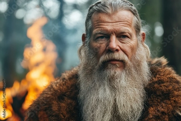 Fototapeta Elderly man with long beard in fur cloak stands near flames in a forest setting during the evening