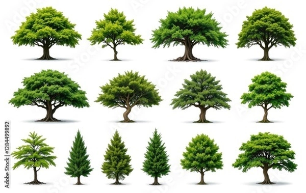 Obraz Collection of Different Green Trees Isolated on White Background for Design