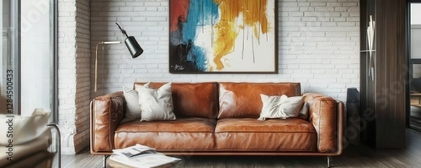 Fototapeta Modern living room with brown leather sofa and abstract wall art