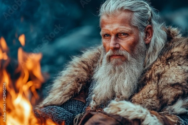 Fototapeta Portrait of a wise elder with a long beard, sitting by a campfire in a rugged outdoor setting during twilight