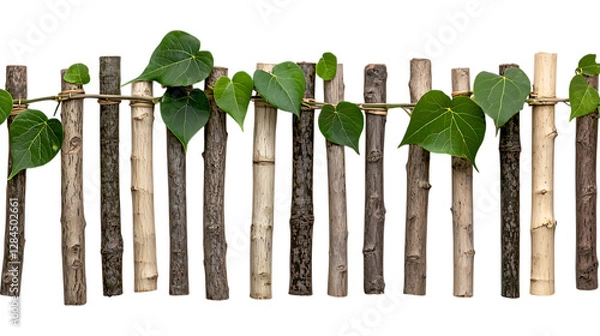 Fototapeta Fence with vines, leaves, against dark backdrop. Border element for website or poster