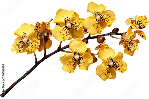 Fototapeta Yellow orchids on a branch, isolated, blooming against a plain background, useful for designs
