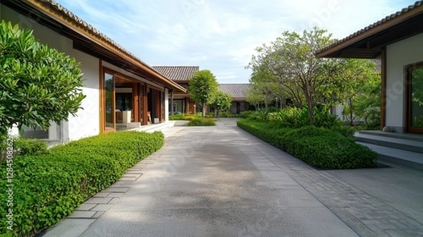 Fototapeta Garden greenery walls create an eco-friendly landscape. Tranquil pathway between modern buildings and lush greenery.