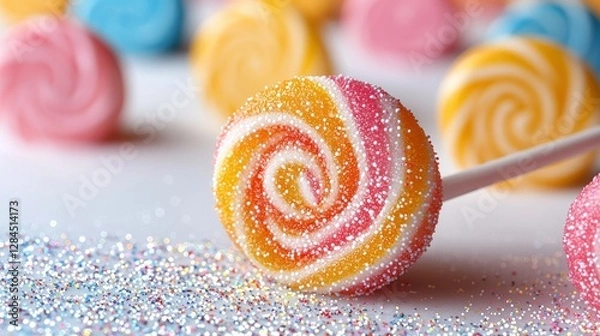 Fototapeta Colorful swirl lollipops on white background with glitter