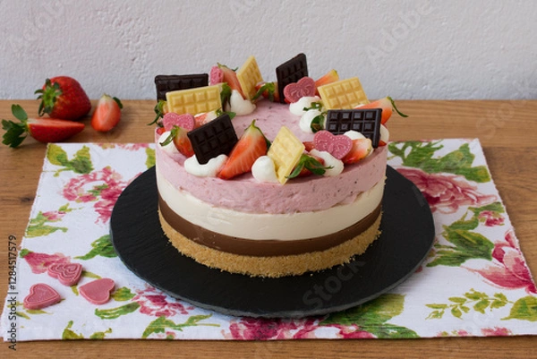 Fototapeta Strawberry, vanilla and chocolate cake decorated with chocolates and strawberries. Neapolitan cake