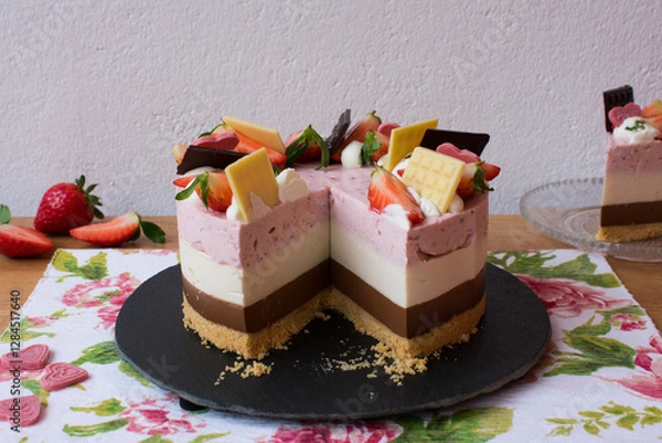 Fototapeta Strawberry, vanilla and chocolate cake decorated with chocolates and strawberries. Neapolitan cake