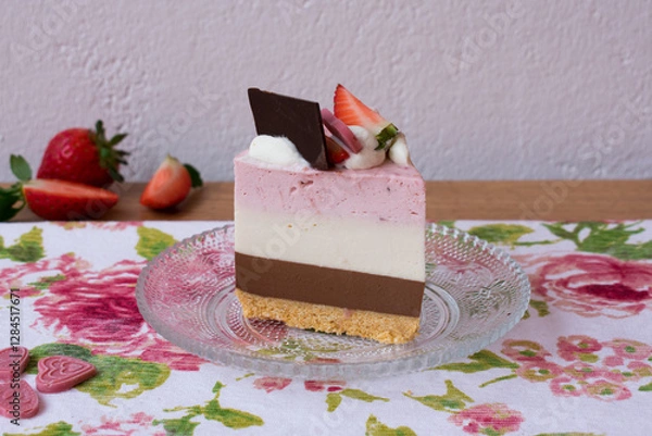 Fototapeta Strawberry, vanilla and chocolate cake decorated with chocolates and strawberries. Neapolitan cake