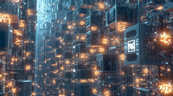Fototapeta 
A high-tech cryptocurrency mining farm with rows of powerful computers, glowing lights, and cooling systems, ultra-detailed