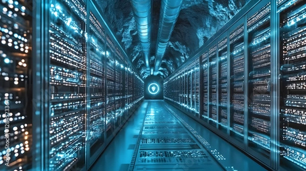Fototapeta 
A high-tech cryptocurrency mining farm with rows of powerful computers, glowing lights, and cooling systems, ultra-detailed