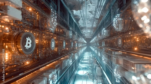 Fototapeta 
A high-tech cryptocurrency mining farm with rows of powerful computers, glowing lights, and cooling systems, ultra-detailed