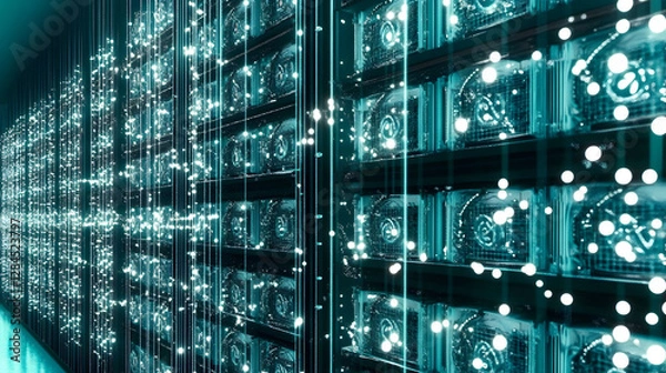 Fototapeta 
A high-tech cryptocurrency mining farm with rows of powerful computers, glowing lights, and cooling systems, ultra-detailed