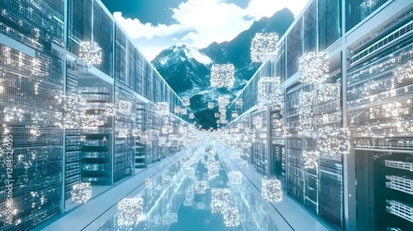 Fototapeta 
A high-tech cryptocurrency mining farm with rows of powerful computers, glowing lights, and cooling systems, ultra-detailed