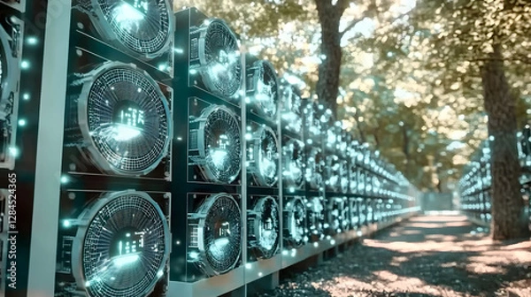 Fototapeta 
A high-tech cryptocurrency mining farm with rows of powerful computers, glowing lights, and cooling systems, ultra-detailed