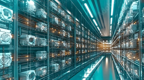 Fototapeta 
A high-tech cryptocurrency mining farm with rows of powerful computers, glowing lights, and cooling systems, ultra-detailed