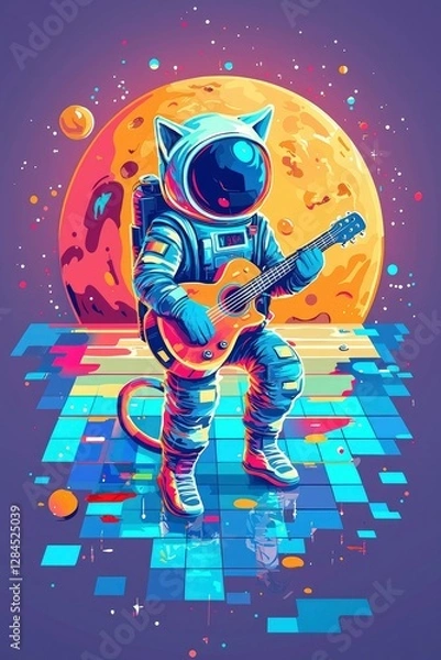 Fototapeta Space Cat Astronaut Playing Guitar on Pixelated Moon Surface