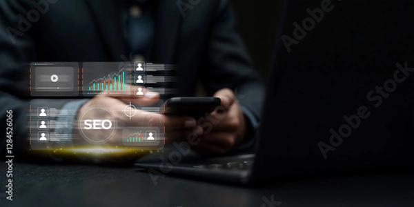 Fototapeta Digital marketing solutions integrating SEO, AI driven data analysis, and strategic performance management to empower businesses with cutting-edge technology and achieve market success