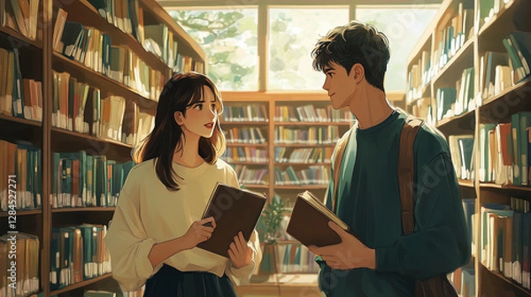 Fototapeta Anime-style illustration of a man and woman engaged in a conversation while looking at each other in a cozy library. The background features rows of shelves filled with books.